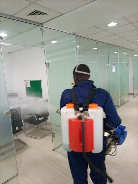 Dust and Wipes pest control fumigation in a glass-partition office in Abuja